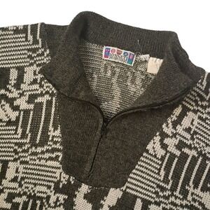 Vintage Sonneti‎ Sweater Mens Large ¼ Zip Gray White Geometric Wool Acrylic Y2K